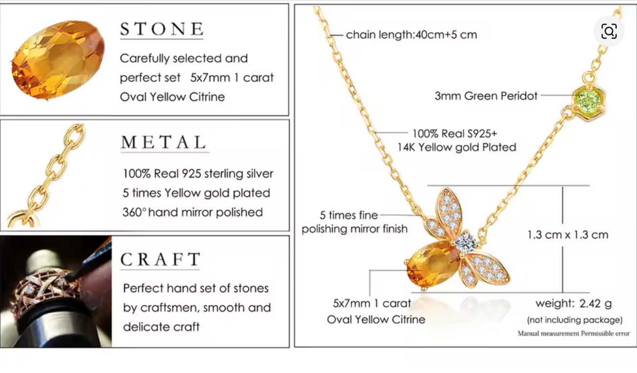 925 Sterling Silver Natural Citrine Gemstone Necklace