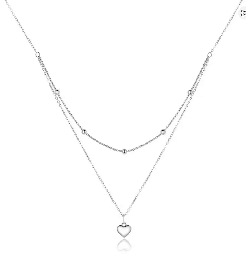 Simple Heart Necklace 925 Sterling Silver Double Layer Pendant Necklace