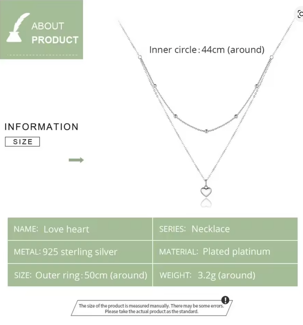 Simple Heart Necklace 925 Sterling Silver Double Layer Pendant Necklace