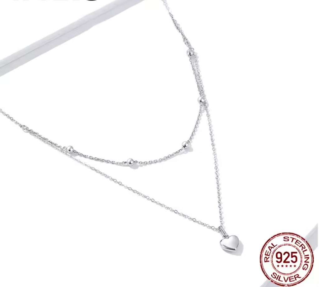 Simple Heart Necklace 925 Sterling Silver Double Layer Pendant Necklace