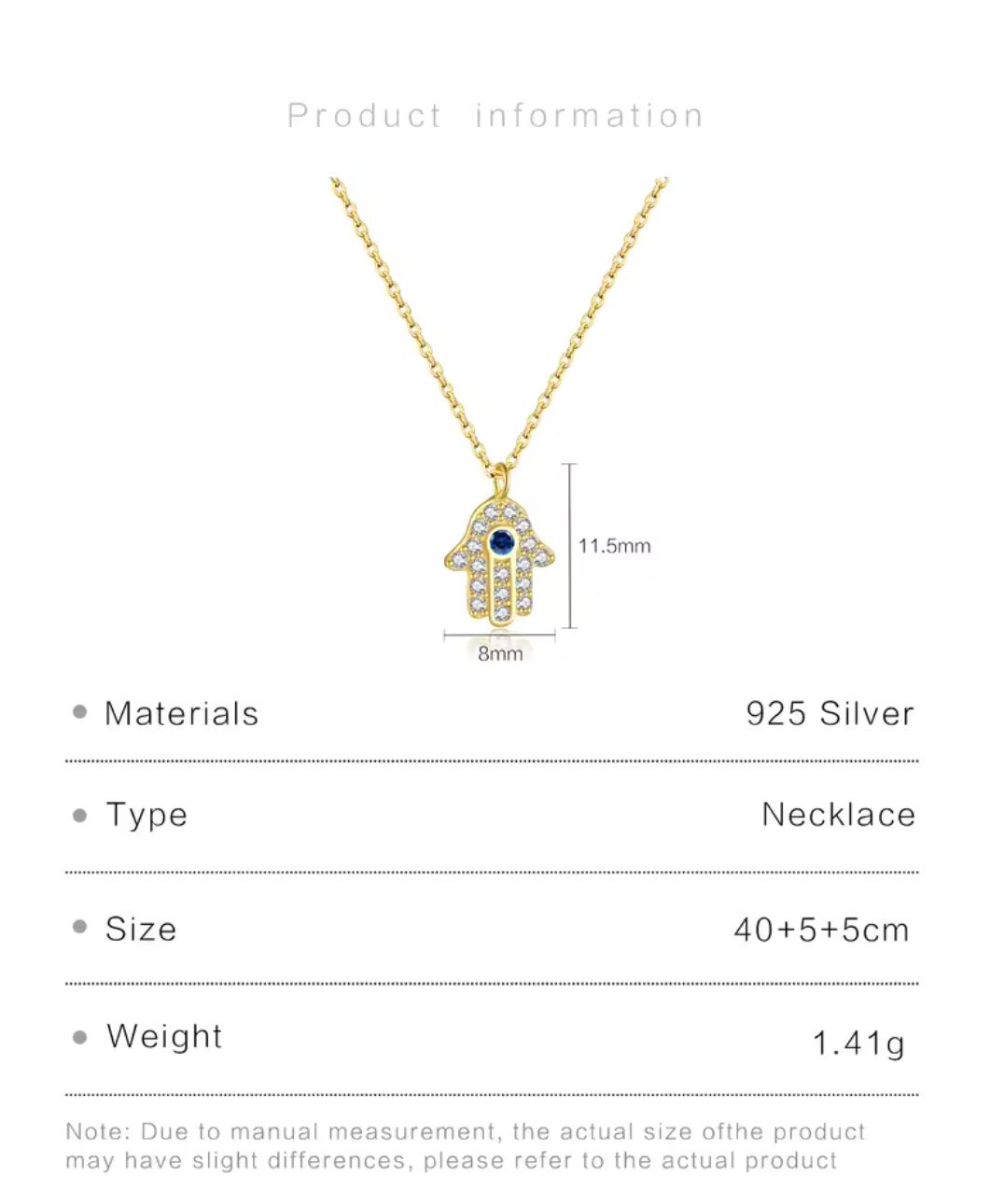 925 Sterling Silver Hamsa Hand Pendant Necklace